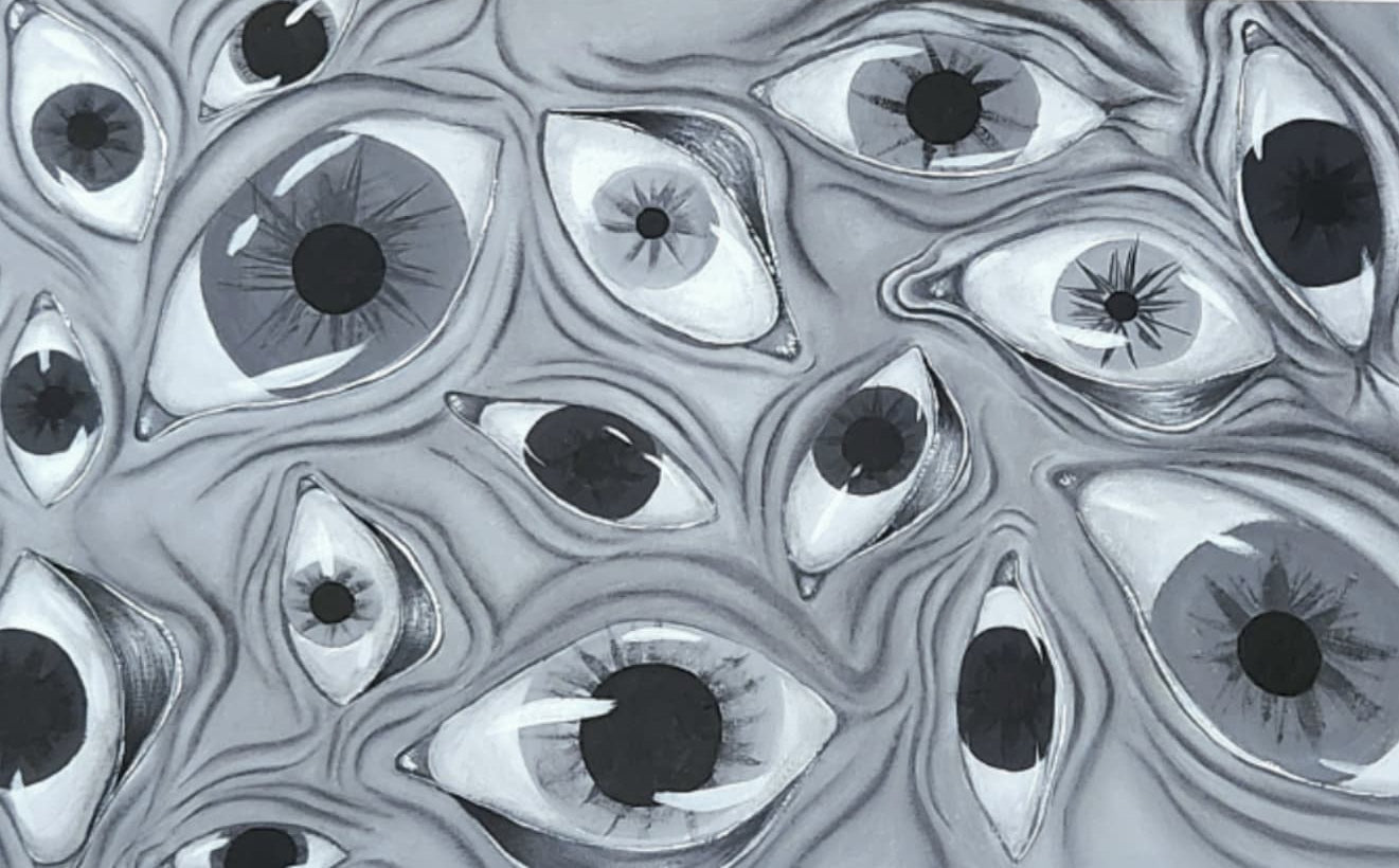 Acrylic painting of various human eyeballs, connected in a wall of wrinkled flesh